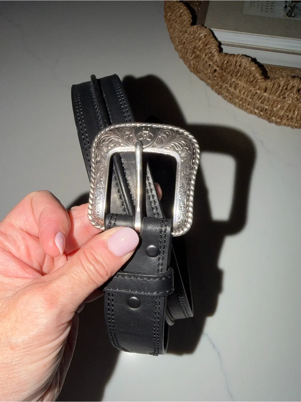Ariat Men's Black Center Ridge Genuine Leather Belt Silver Buckle with Logo